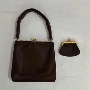 Vintage Alexanders Brown Satin Clutch Evening Bag W/ Matching Coin Purse 1950s